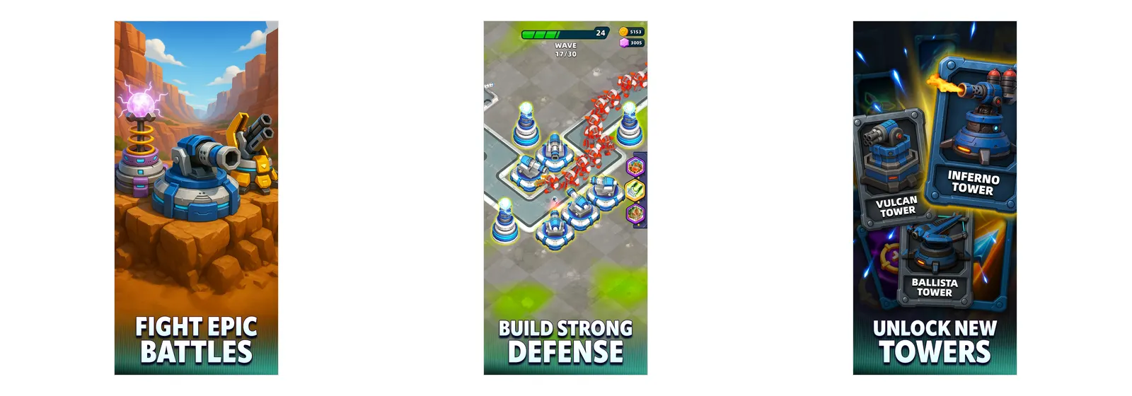 Três imagens verticais de Raid Rush: torres em 3D sobre terreno de canyon, tabuleiro com percurso e ecrã de escolha das torres Vulcan, Inferno e Ballista