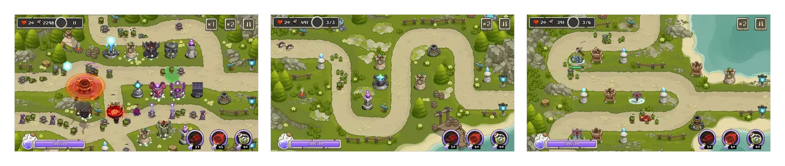 Três imagens de Tower Defense King: mapas vistos de cima com caminhos sinuosos e torres colocadas em prados verdes